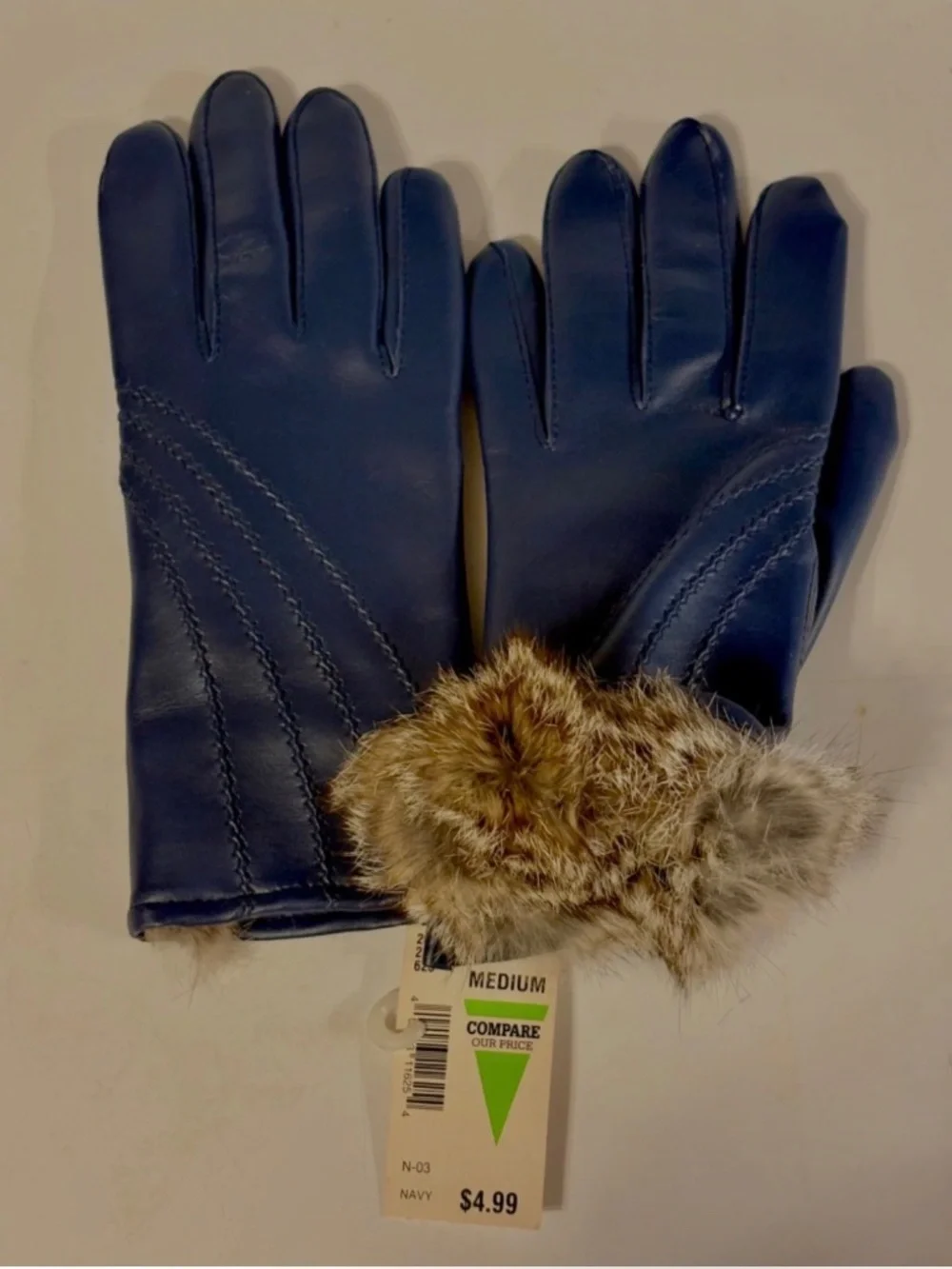 Vintage Ladies Gloves Navy Montgomery Ward Rabbit Fur Lined Vinyl NWT Sz M Retro